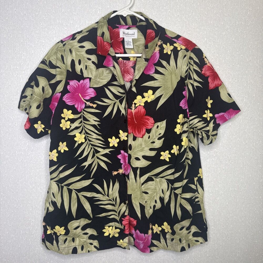 Westbound Womens Size L Black Floral Tropical Hawaiian Rayon Short Sleeve Shirt